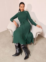 Friends Like These Green Petite Long Sleeve Belted Cosy Mini Dress - Image 1 of 4