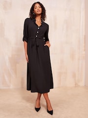 Friends Like These Black Petite Long Sleeve Button Through Midi Shirt Dress - Image 1 of 4