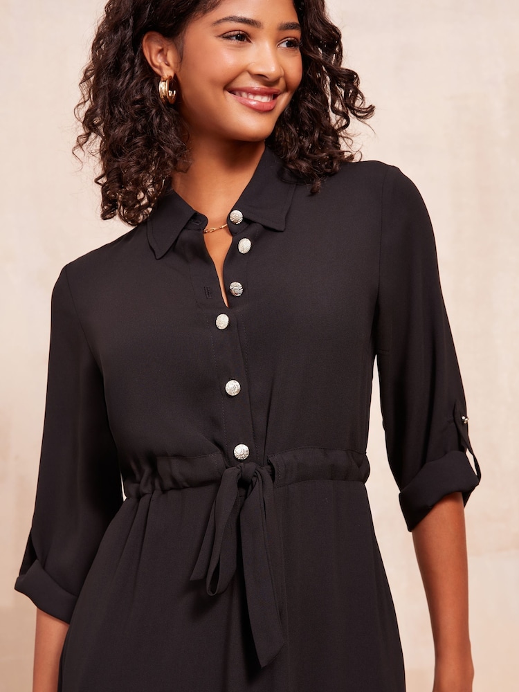 Friends Like These Black Petite Long Sleeve Button Through Midi Shirt Dress - Image 2 of 4