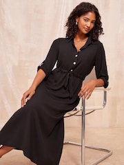 Friends Like These Black Petite Long Sleeve Button Through Midi Shirt Dress - Image 3 of 4