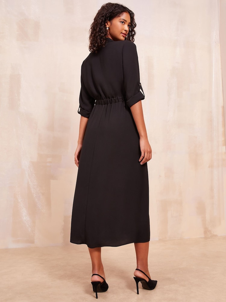 Friends Like These Black Petite Long Sleeve Button Through Midi Shirt Dress - Image 4 of 4 Friends Like These Black Petite Long Sleeve Button Through Midi Shirt Dress - Image 4 of 4