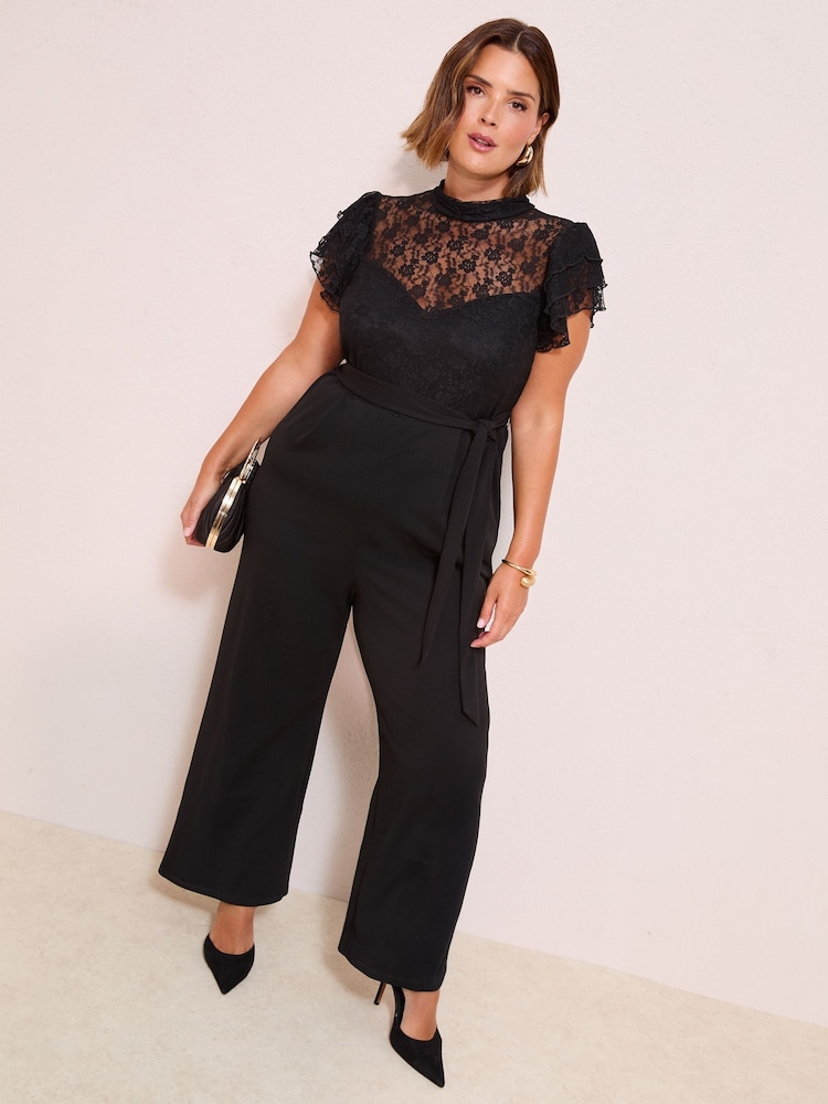 Friends Like These Black Curve Lace Scuba Mix Frill Sleeve Jumpsuit - Image 1 of 4