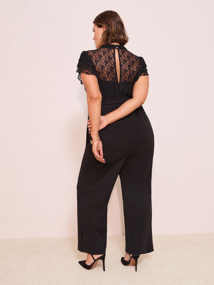 Friends Like These Black Curve Lace Scuba Mix Frill Sleeve Jumpsuit - Image 2 of 4