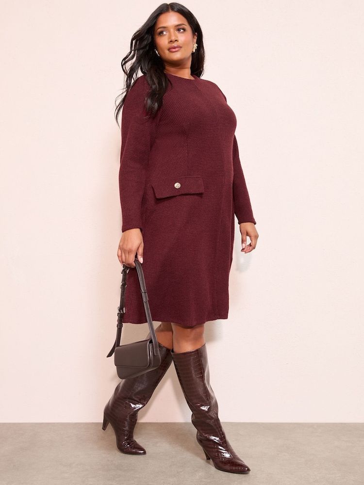 Friends Like These Berry Red Curve Long Sleeve Pocket Detail Cosy Mini Dress - Image 1 of 4 Friends Like These Berry Red Curve Long Sleeve Pocket Detail Cosy Mini Dress - Image 1 of 4