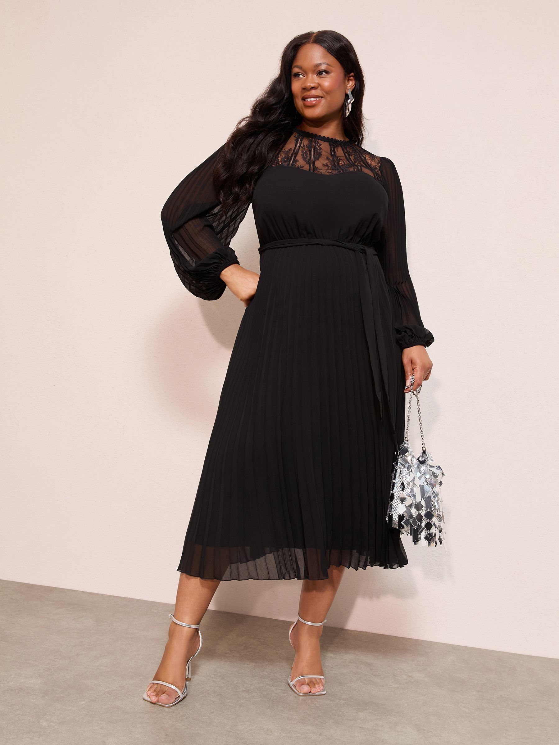 Buy Friends Like These Black Curve Lace Yoke Long Sleeve Pleated