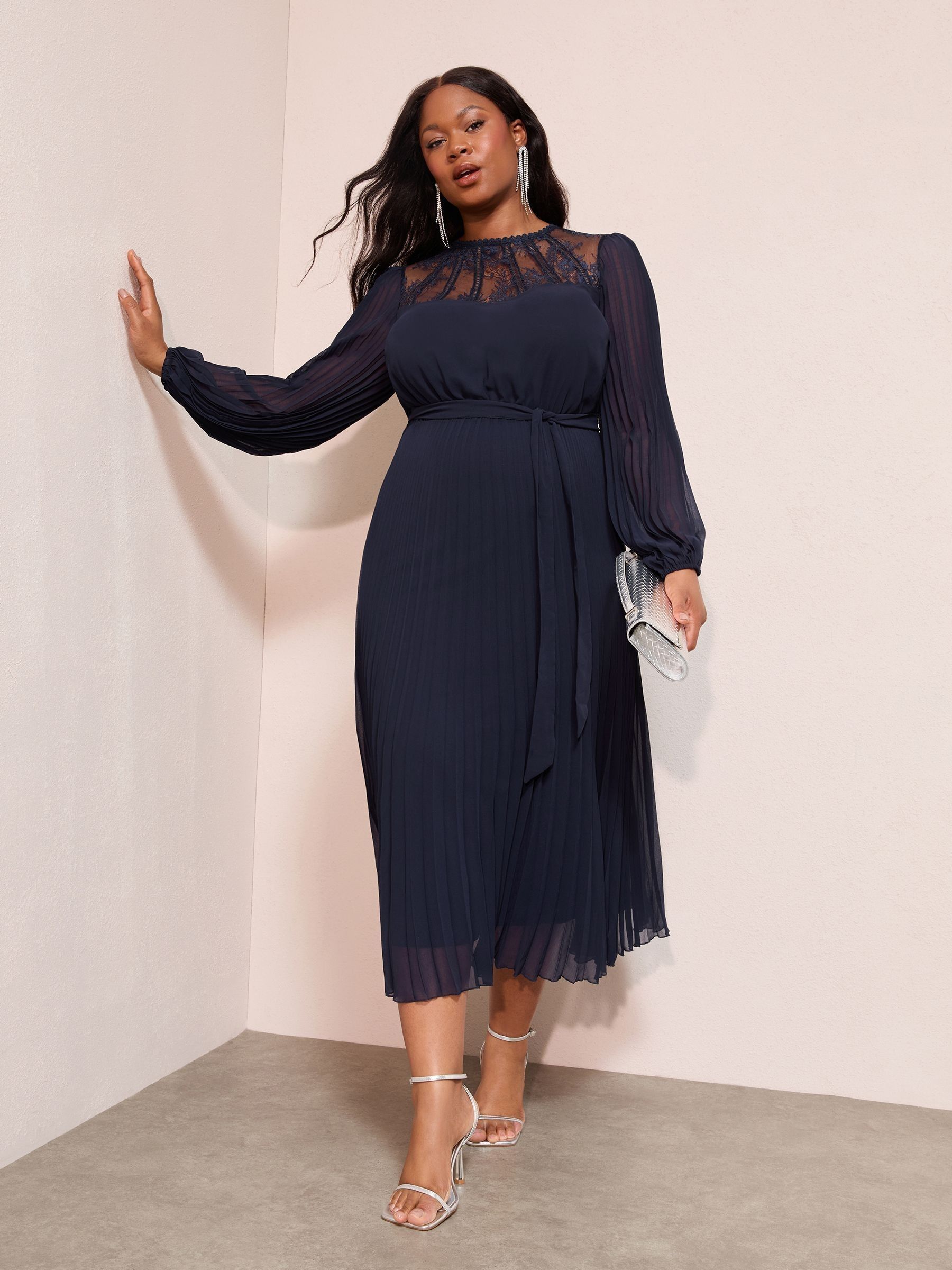 Buy Friends Like These Navy Curve Lace Yoke Long Sleeve Pleated