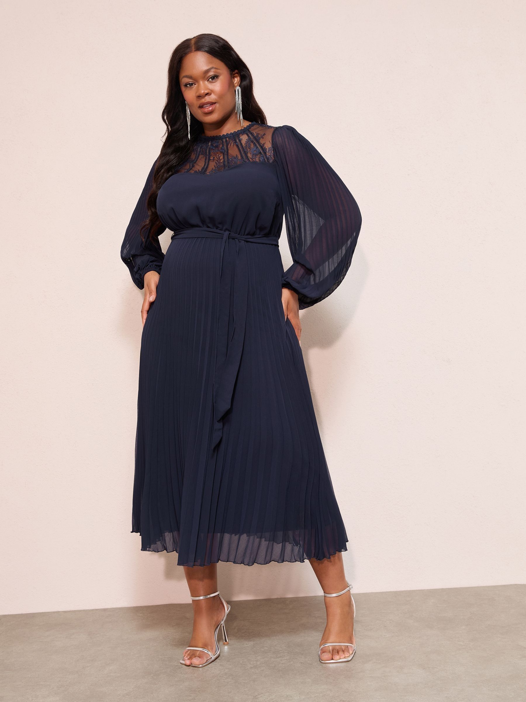 Buy Friends Like These Navy Curve Lace Yoke Long Sleeve Pleated