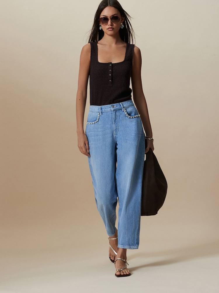 Light Blue Embellished Pocket Barrel Jeans - Image 1 of 9 Light Blue Embellished Pocket Barrel Jeans - Image 1 of 9