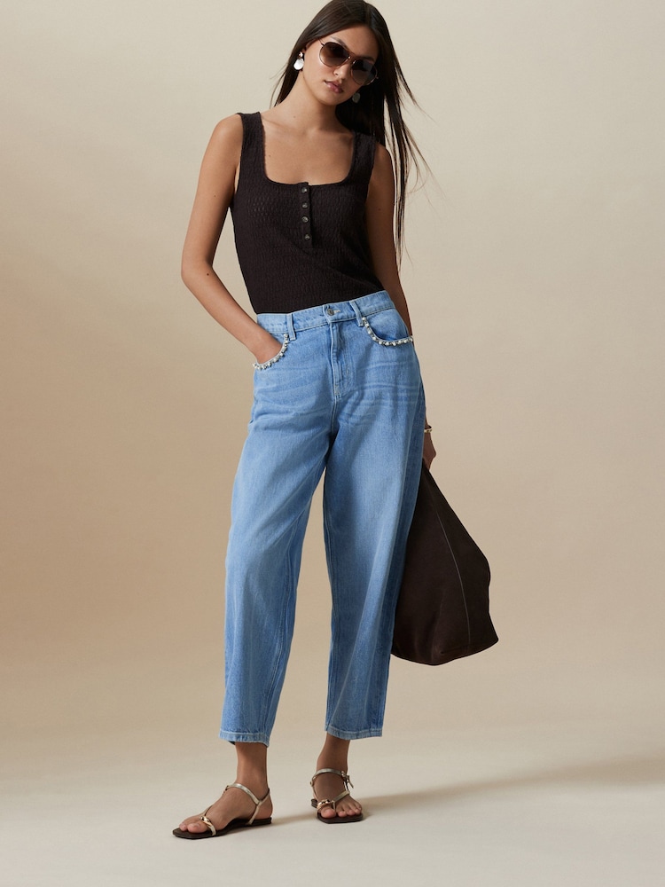 Light Blue Embellished Pocket Barrel Jeans - Image 2 of 9 Light Blue Embellished Pocket Barrel Jeans - Image 2 of 9