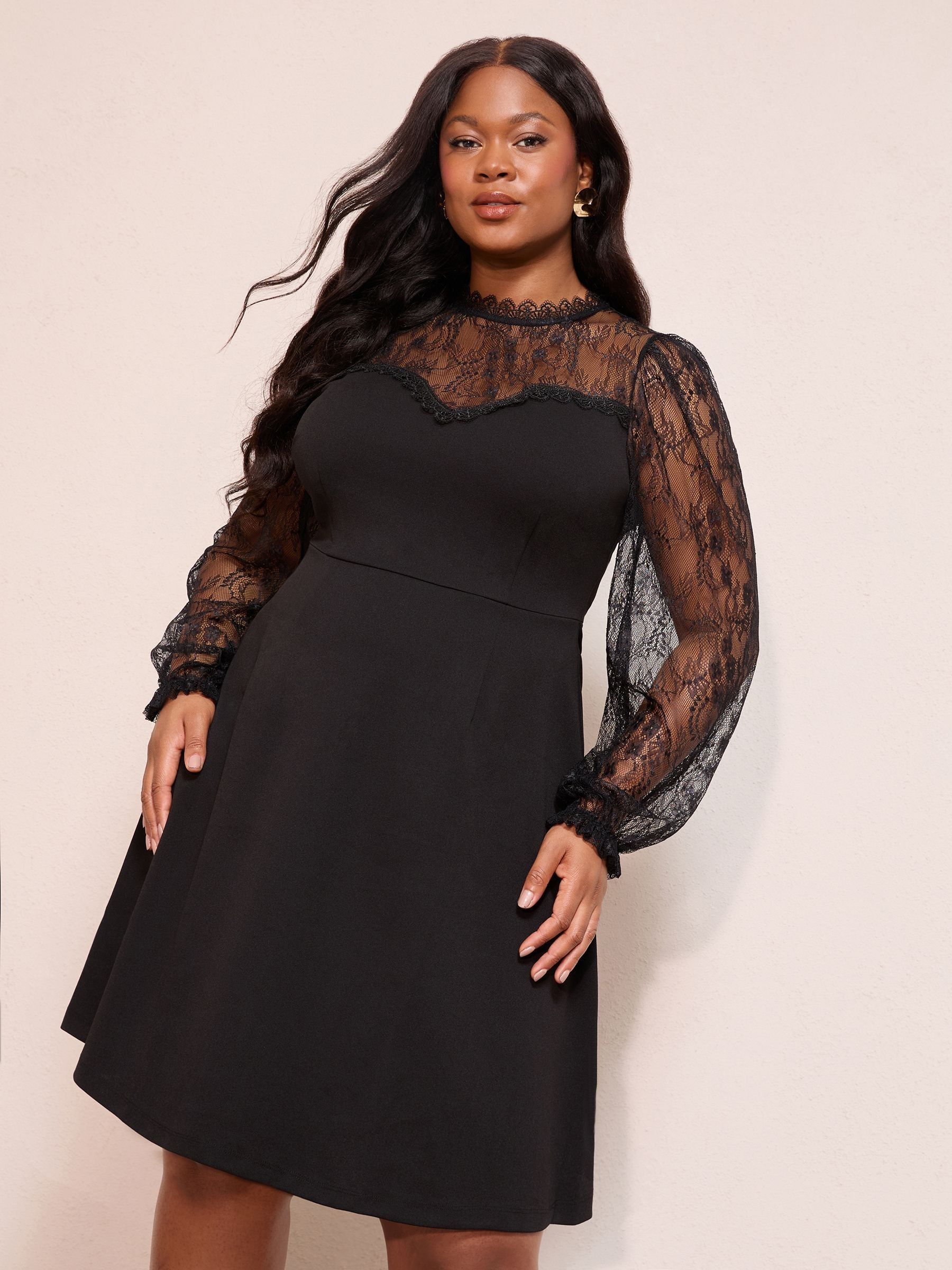 Buy Friends Like These Black Curve Scuba Lace Mix Long Sleeve Mini