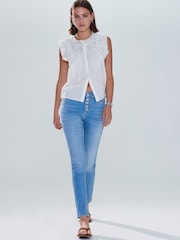 Mid Blue Denim Skinny Silver Button Front Jeans - Image 1 of 5