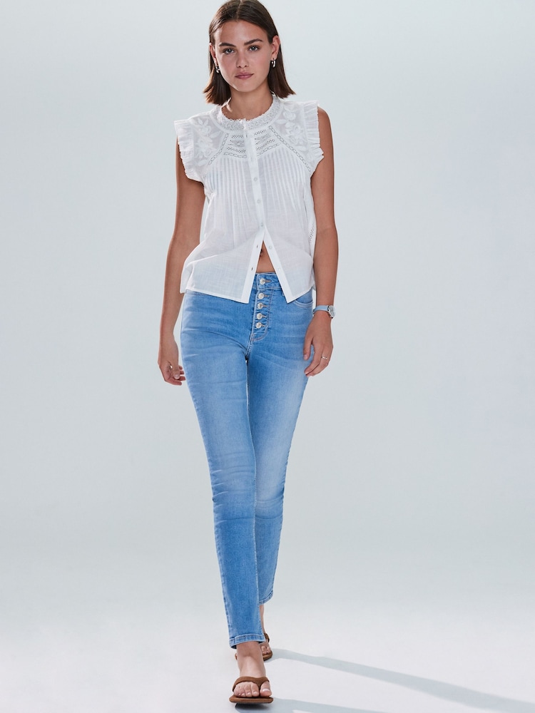 Mid Blue Denim Skinny Silver Button Front Jeans - Image 1 of 5
