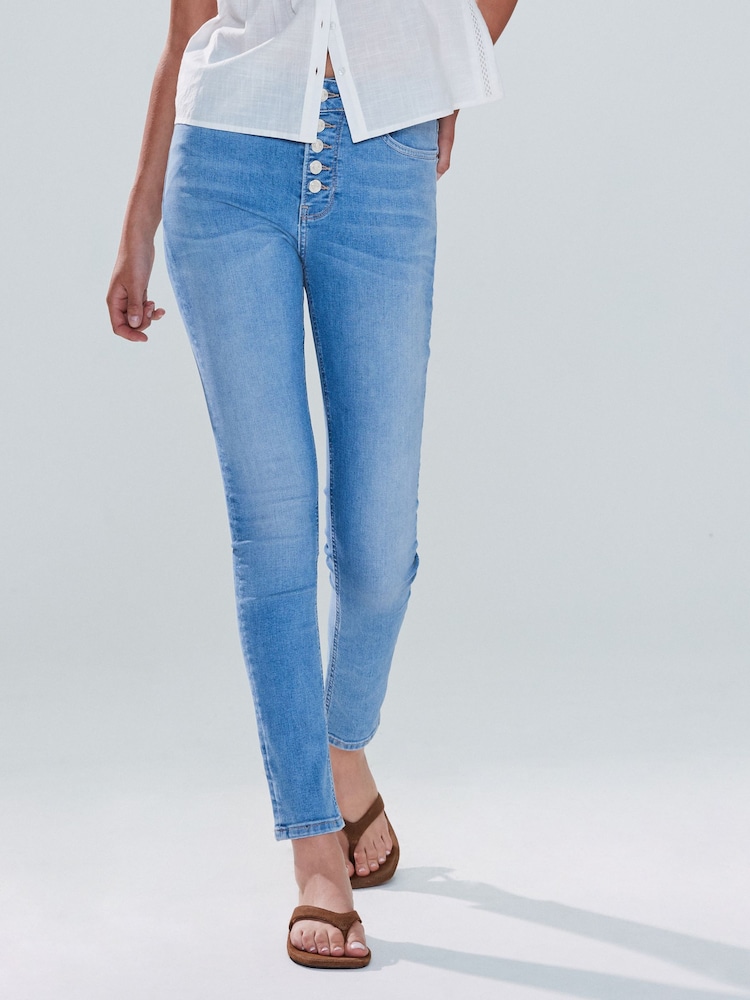 Mid Blue Denim Skinny Silver Button Front Jeans - Image 2 of 5
