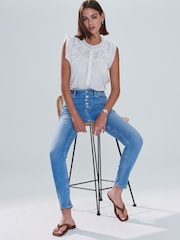 Mid Blue Denim Skinny Silver Button Front Jeans - Image 3 of 5