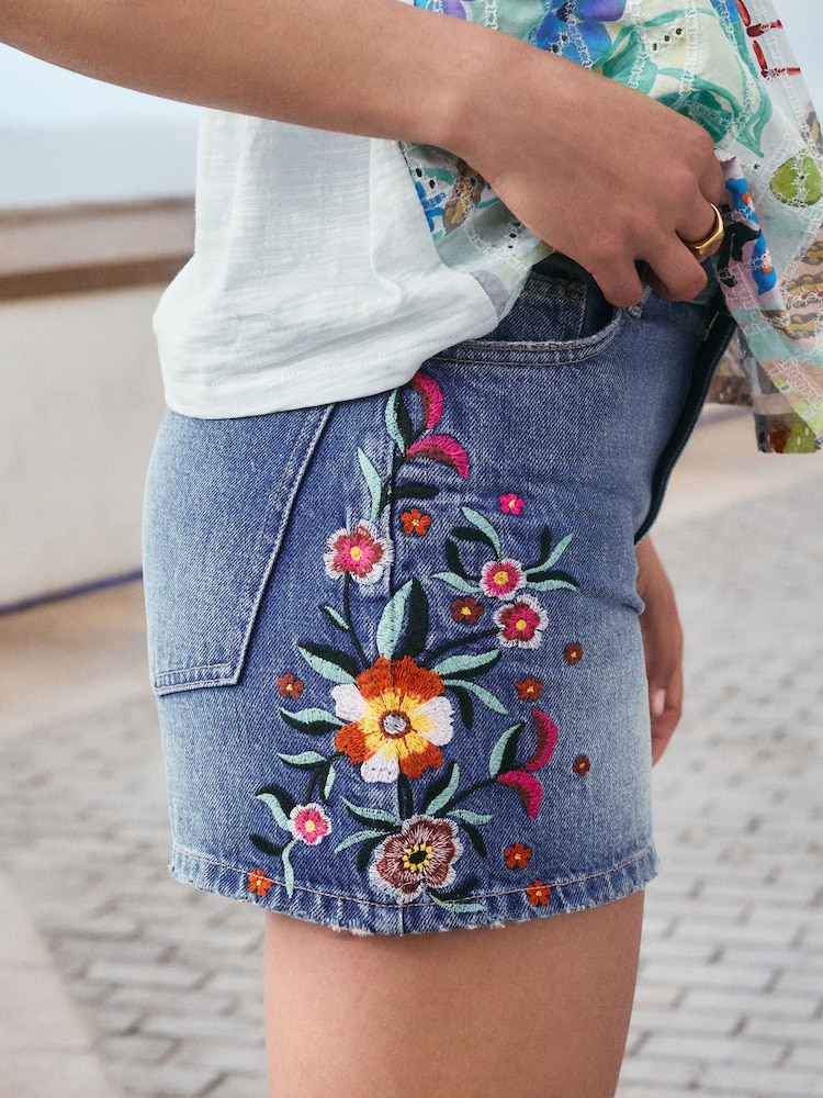 Mid Blue Floral Embroidery Boy Denim Shorts - Image 7 of 7 Mid Blue Floral Embroidery Boy Denim Shorts - Image 7 of 7