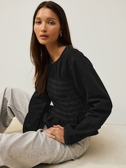 Black Shirred Denim Long Sleeve Blouse - Image 1 of 9