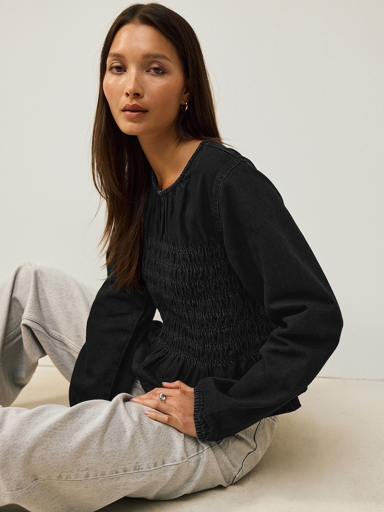Black Shirred Denim Long Sleeve Blouse - Image 1 of 9