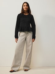 Black Shirred Denim Long Sleeve Blouse - Image 2 of 9