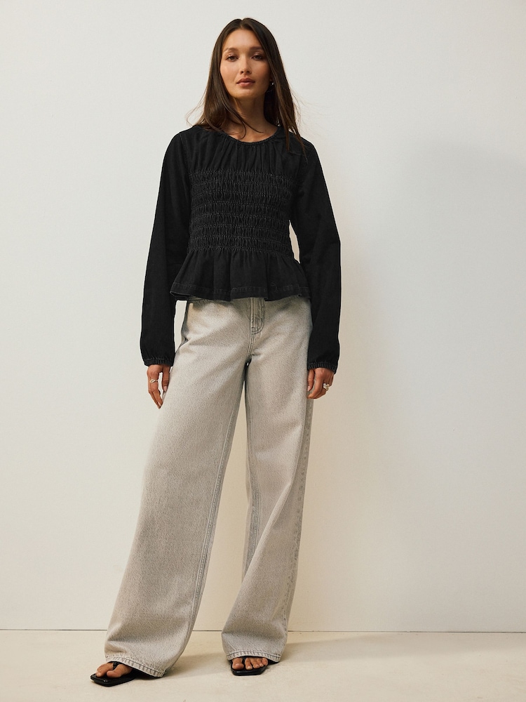 Black Shirred Denim Long Sleeve Blouse - Image 2 of 9