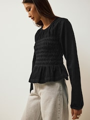 Black Shirred Denim Long Sleeve Blouse - Image 3 of 9