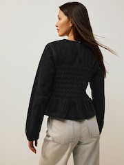 Black Shirred Denim Long Sleeve Blouse - Image 4 of 9