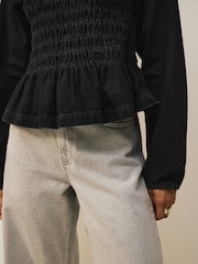 Black Shirred Denim Long Sleeve Blouse - Image 5 of 9