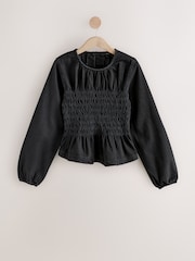 Black Shirred Denim Long Sleeve Blouse - Image 6 of 9