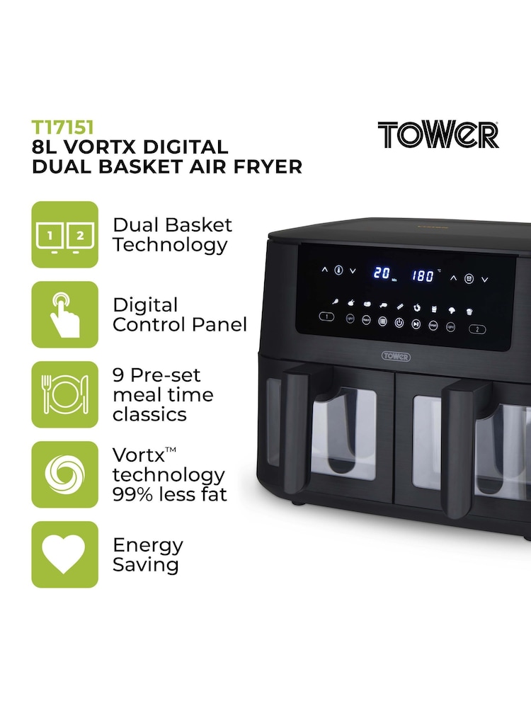 Tower Black Vortx Vizion 8L Dual Basket Air Fryer - Image 2 of 6