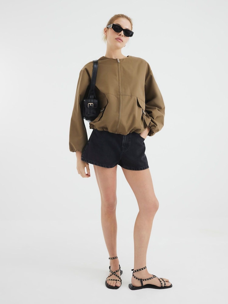 River Island Black Denim Elasticated A Line 100% Cotton Shorts - Image 1 of 4 River Island Black Denim Elasticated A Line 100% Cotton Shorts - Image 1 of 4