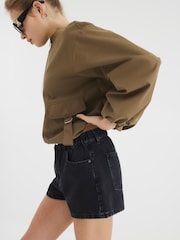 River Island Black Denim Elasticated A Line 100% Cotton Shorts - Image 3 of 4