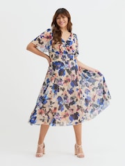 Scarlett & Jo Cream Victoria Angel Sleeve Mesh Midi long Dress - Image 1 of 4