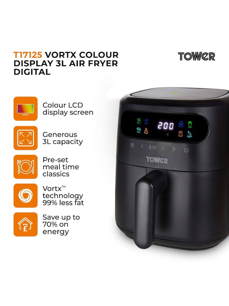 Tower Black Vortx 3L Colour Display Air Fryer 3L - Image 2 of 6 Tower Black Vortx 3L Colour Display Air Fryer 3L - Image 2 of 6