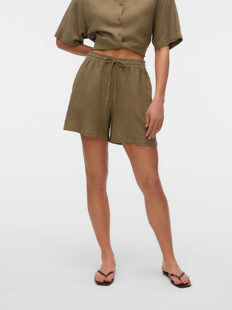 VERO MODA Dark Grey Tie Waist Linen Mix Shorts - Image 1 of 6