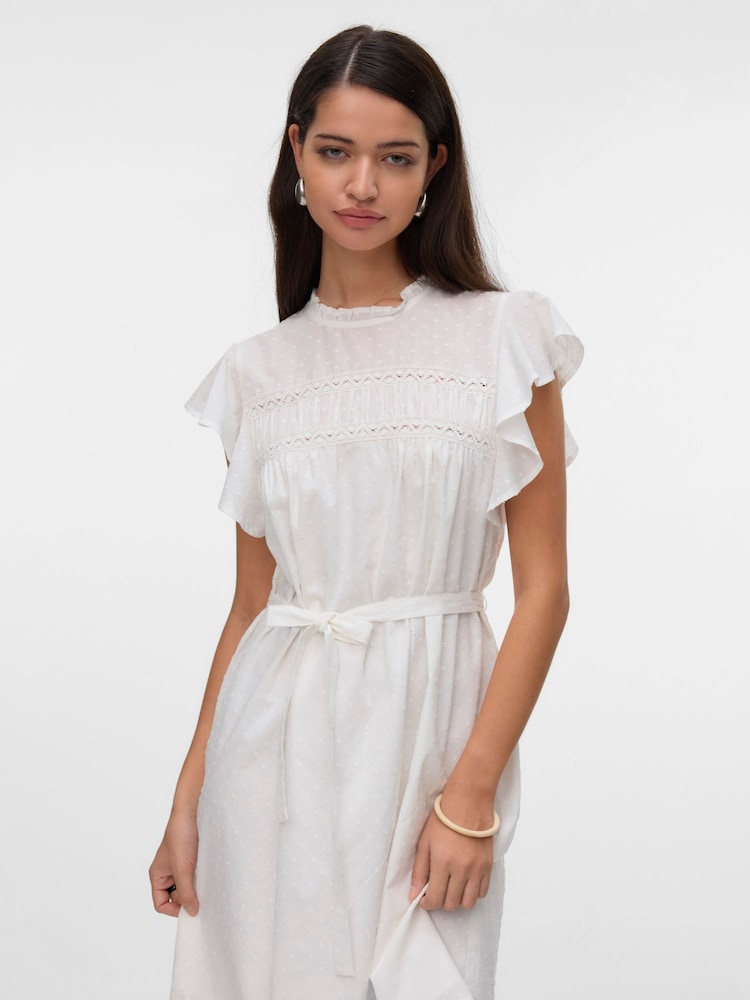VERO MODA White Lace Trim Flutter Sleeve Dress - Image 1 of 5