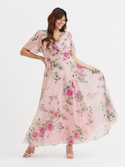 Scarlett & Jo Pink Flower Curve Isabelle Angel Sleeve Maxi Dress - Image 1 of 4