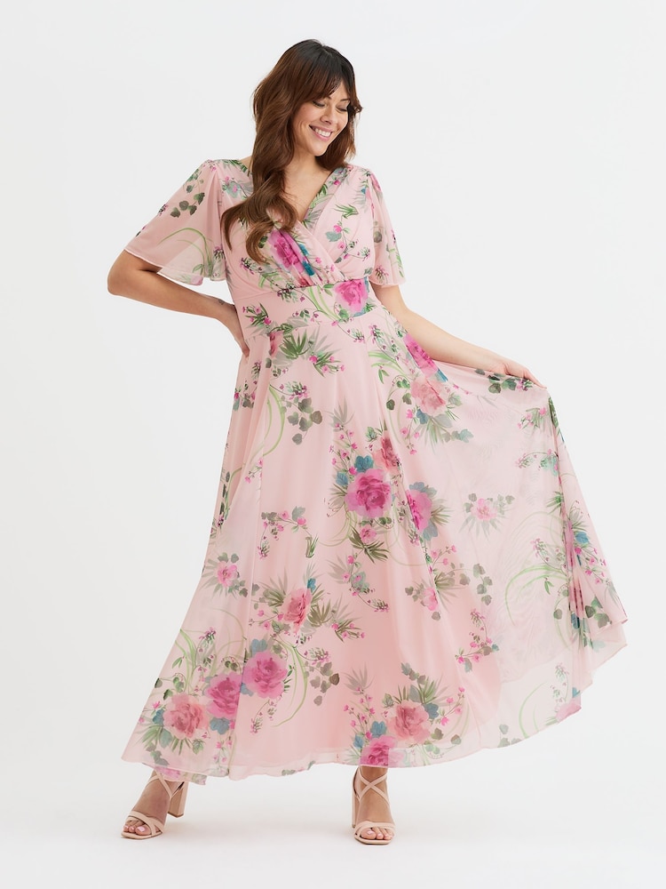 Scarlett & Jo Pink Flower Curve Isabelle Angel Sleeve Maxi Dress - Image 1 of 4