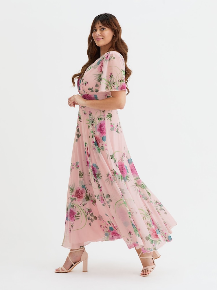 Scarlett & Jo Pink Flower Curve Isabelle Angel Sleeve Maxi Dress - Image 4 of 4