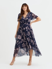 Scarlett & Jo Purple Tilly  Wine Rose Print Angel Sleeve Sweetheart Dress - Image 1 of 4