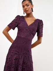 Lipsy Dark Purple Petite Puff Sleeve Embellished Appliqué Bodycon Midi Dress - Image 2 of 4