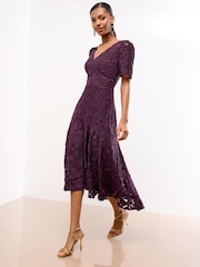 Lipsy Dark Purple Petite Puff Sleeve Embellished Appliqué Bodycon Midi Dress - Image 3 of 4