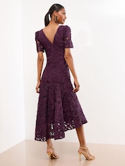 Lipsy Dark Purple Petite Puff Sleeve Embellished Appliqué Bodycon Midi Dress - Image 4 of 4