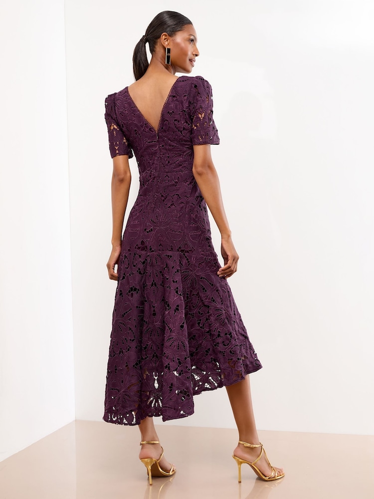 Lipsy Dark Purple Petite Puff Sleeve Embellished Appliqué Bodycon Midi Dress - Image 4 of 4