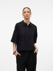 VERO MODA Black Short Sleeve Linen Mix Shirt - Image 1 of 5