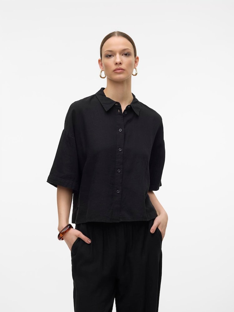 VERO MODA Black Short Sleeve Linen Mix Shirt - Image 1 of 5