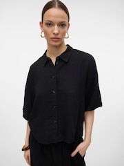 VERO MODA Black Short Sleeve Linen Mix Shirt - Image 3 of 5