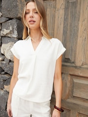 Threadbare White Open Collar Linen Blend Blouses - Image 1 of 4
