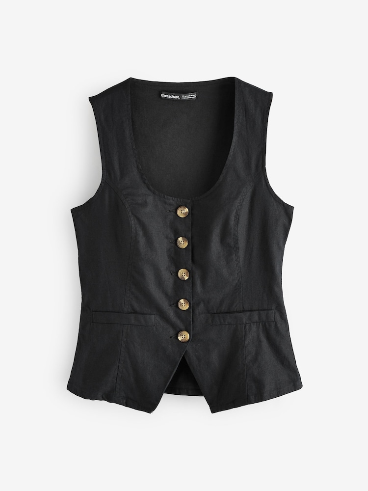 Threadbare Black Scoop Neck Longline Linen Blend Waistcoat - Image 1 of 1