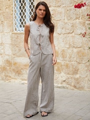 Threadbare Brown Tie Front Linen Blend Waistcoat - Image 4 of 4