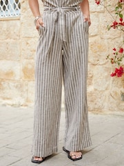Threadbare Brown Belted Linen Blend Wide Leg Trousers - Image 1 of 4