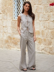 Threadbare Brown Belted Linen Blend Wide Leg Trousers - Image 4 of 4